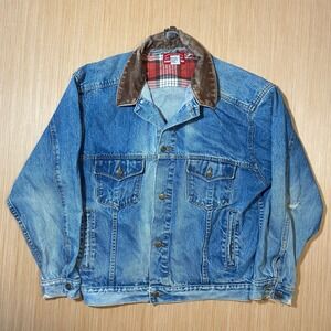 Vintage Marlboro Country Store Denim Jacket Flannel Lined Leather Collar Blue L